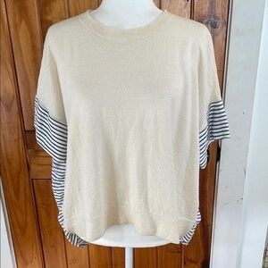 JCrew Short Sleeve Sweater Large Pullover Shirt Linen Cream Blue White striped